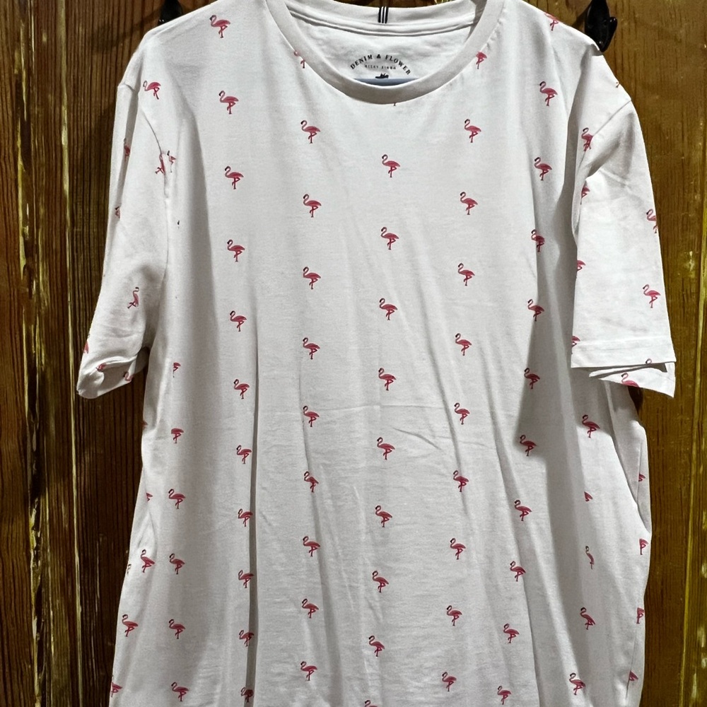 Denim & Flower White Tee with Pink Flamingo Accents